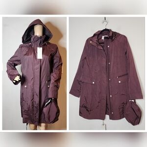 NWT Cole Haan Purple Eggplant Back Bow Packable Hooded Raincoat Size Large